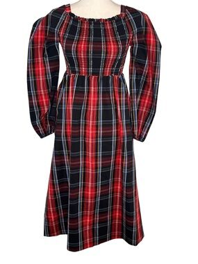 Draper James RSVP Smocked Tiered Midi Dress Red Black Plaid Holiday Womens XS